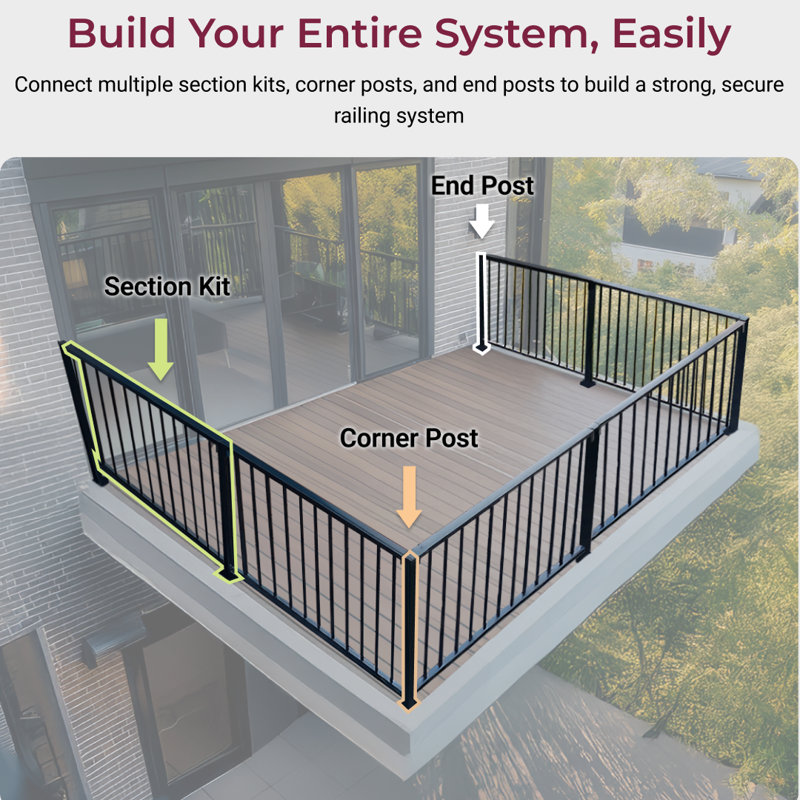 Ensemble de garde-corps vertical, ensemble de balustres de balustrade de 4 pi x 3 pi avec poteau central, supports inclus, ensemble de garde-corps de terrasse robuste pour porche, patio et balcon, nécessite 2 poteaux d'extrémité