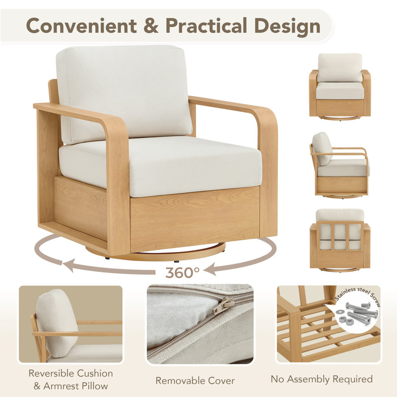 Outdoor Aluminum Swivel Patio Chair With Cushions, Wood Grain