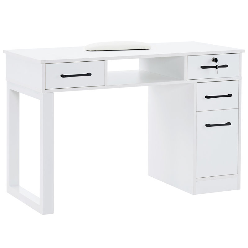 Sakaye Vanity Makeup Desk, Manicure Table with Locking Drawer and Cabinet, White