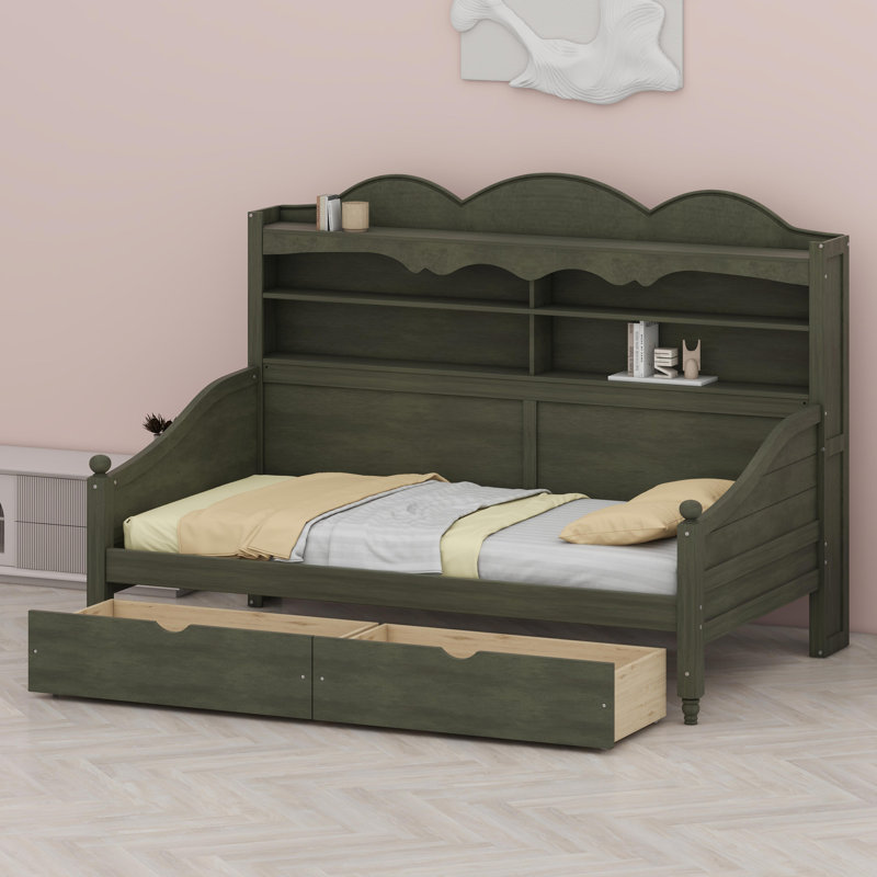Retro Style Daybed with Integrated Storage Drawers and Shelving, Multi-Functional Sofa Bed for Bedroom, Living Room, and Guest Room, Easy Assembly Required