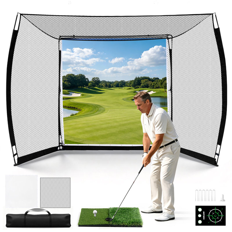 10 x 8 pi 4-en-1 Système de filet de golf simulateur - Entraînement de golf robuste frappant une cage de filet avec un écran d'impact, un tissu cible, un filet en diamant et un cadre en acier de 1,2 mm pour l'intérieur, le garage et la cour