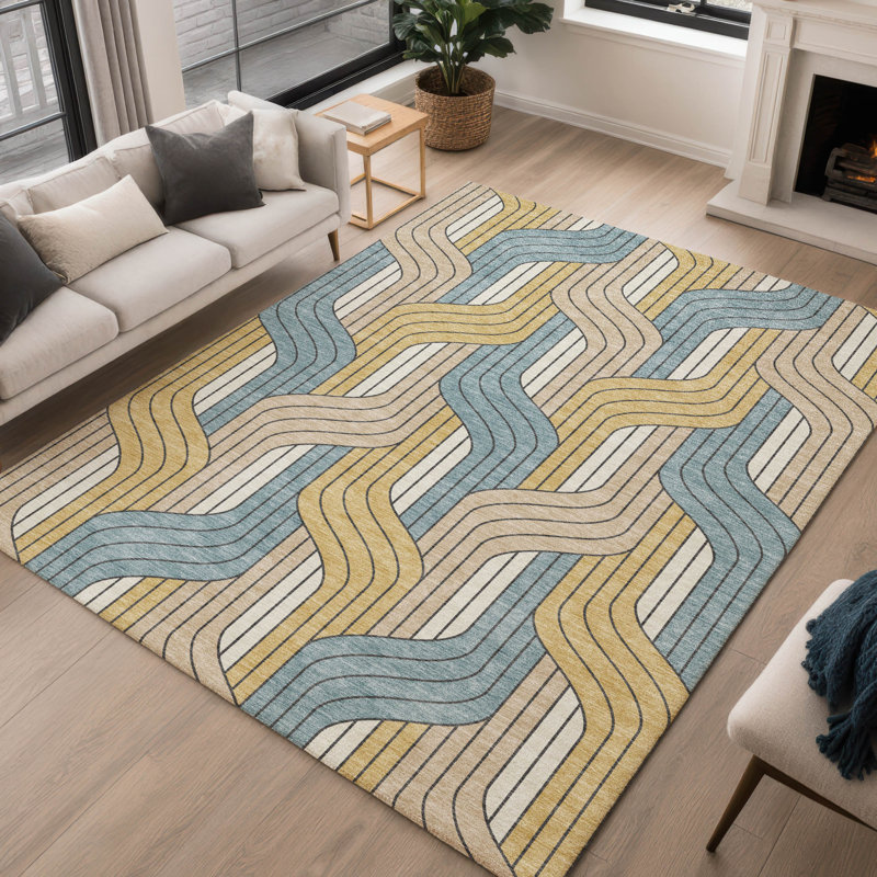 Tapis Mid-Century moderne lavable à la machine intérieur / extérieur Lockway ACN2422, Rectangle 9 pi x 12 pi