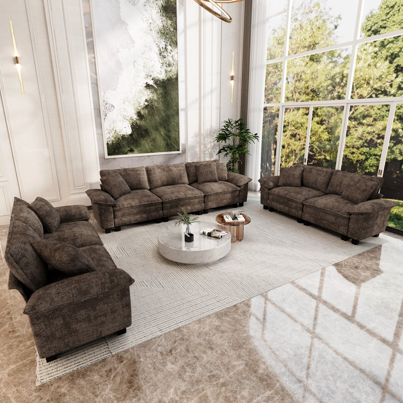 Ensemble de canapé modulaire rembourré 3 pièces, ensemble de canapé surdimensionné avec canapé et causeuse, Chenille brun