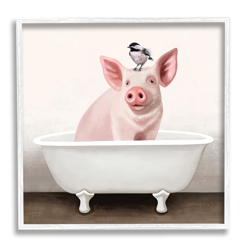 Cottage cochon avec moineau - impression, H 24 po x l 24 po x 1,5 po, Giclée encadrée blanc bord de mer
