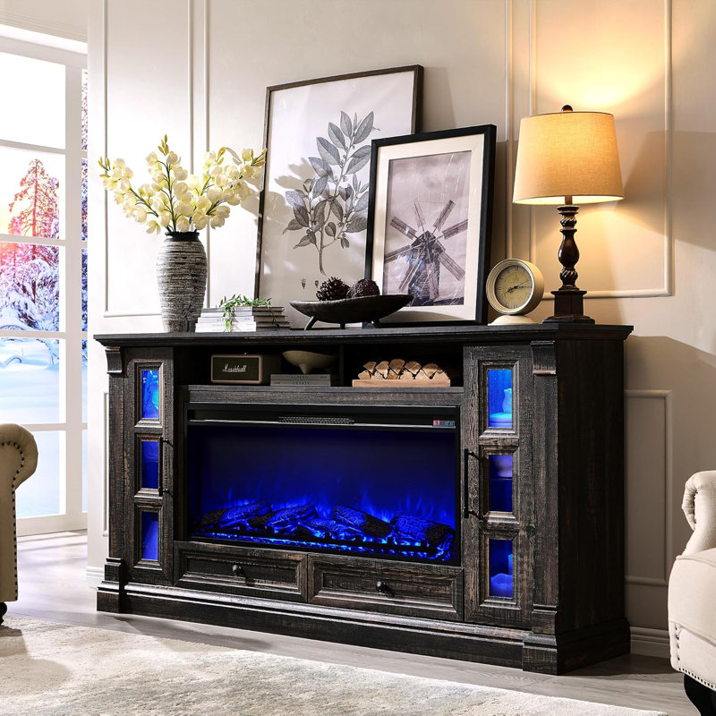 Farmhouse Tv Stand With Electric Fireplace, Dark Rustic Oak