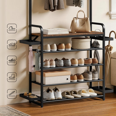 4-in-1 Coat Stand with Shoe Rack and Umbrella Stand, Coat Rack for Hallway/Bedroom, 30x190 cm, Engineered Wood Top Panel and Metal Frame, Rustic Brown + Black,Light Oak + White