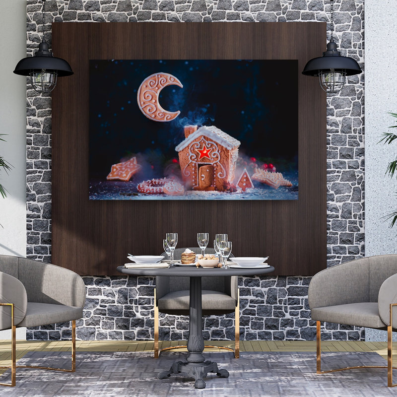 «Magical Gingerbread Night», fantaisiste, abstrait, hiver contemporain, impression d'art mural, 40" H x 60" W