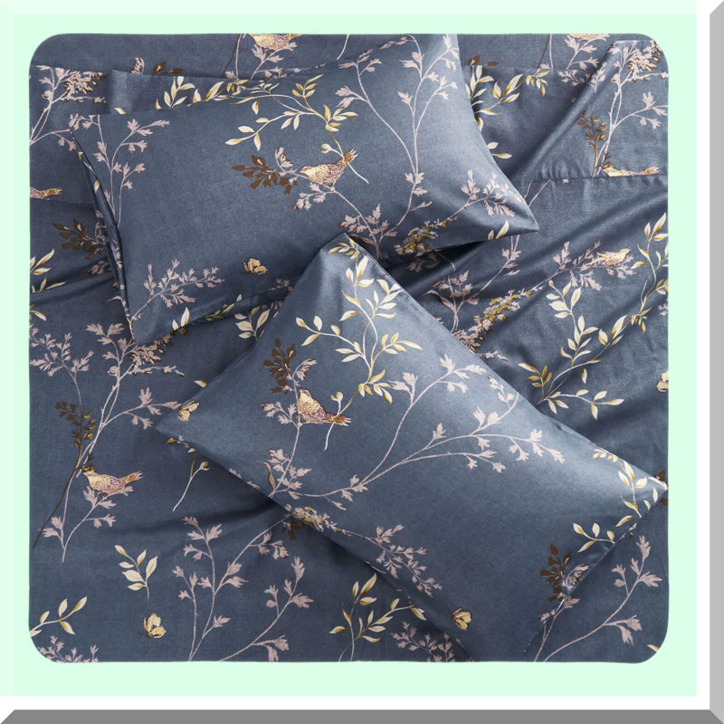 Vintage Coquette Birds Floral Bed Sheet Set - 4-Piece Deep Pocket Gray Grey Microfiber Bedding - Soft Fitted Flat Sheets - Patterned Printed