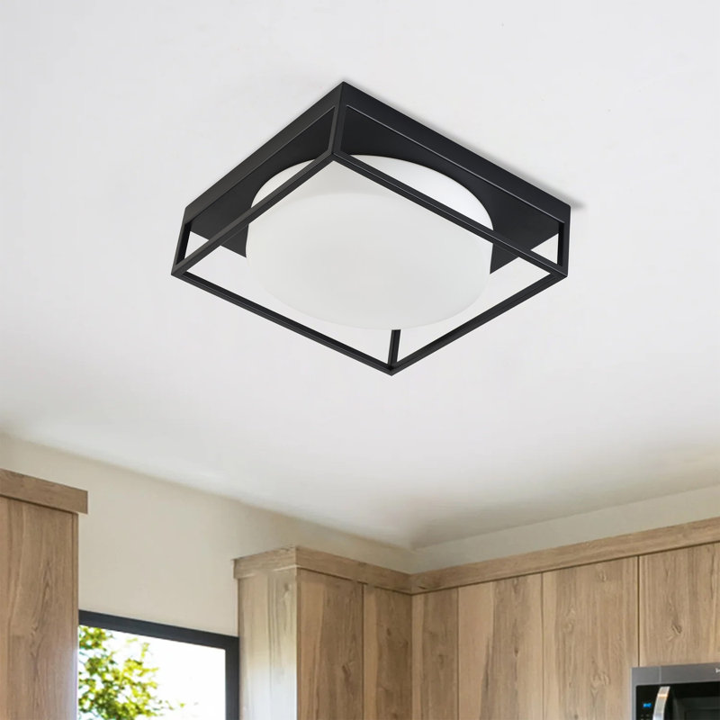 2-Lamp Square Milk Glass Adjustable Ceiling Light, Matte Black