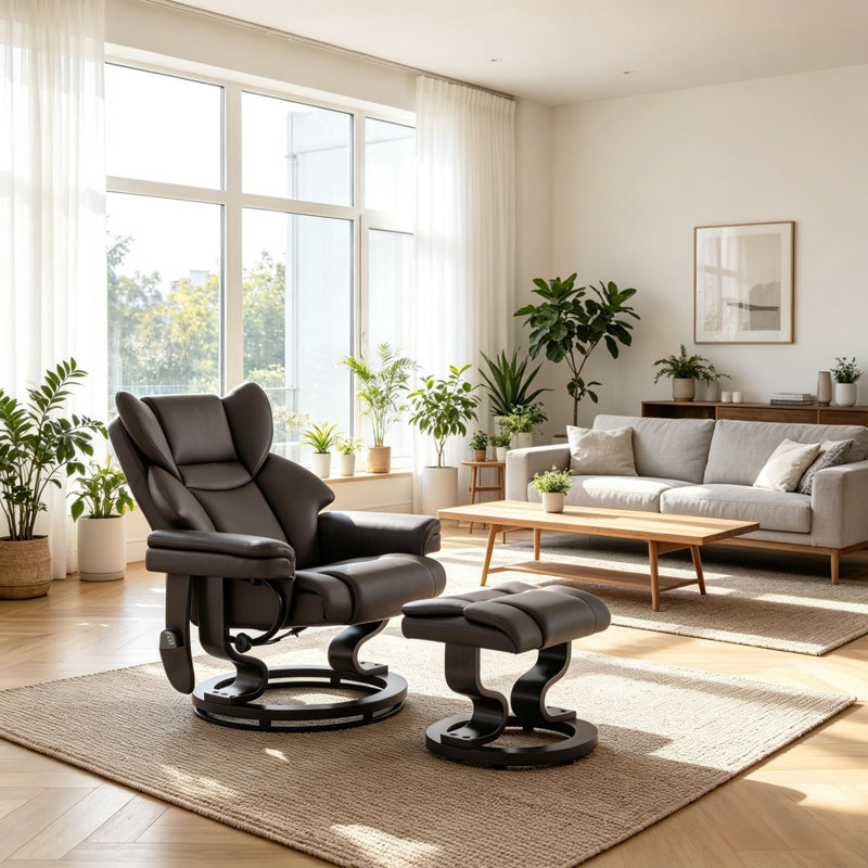 Fauteuil inclinable de massage à 10 points, similicuir et acier, fauteuil inclinable de massage, brun, pivotant sur 360 ° avec repose-pieds extensible