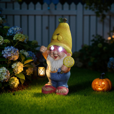 18" Solar Lemon Garden Gnome with Lantern, Whimsical Outdoor Garden Statue