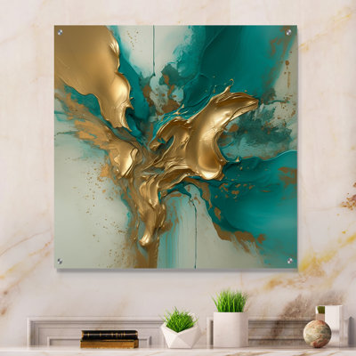 Marbre doré et turquoise Fuild Ink II - art abstrait mural en marbre abstrait