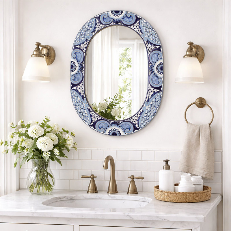 Miroir ovale bleu et blanc Talavera 