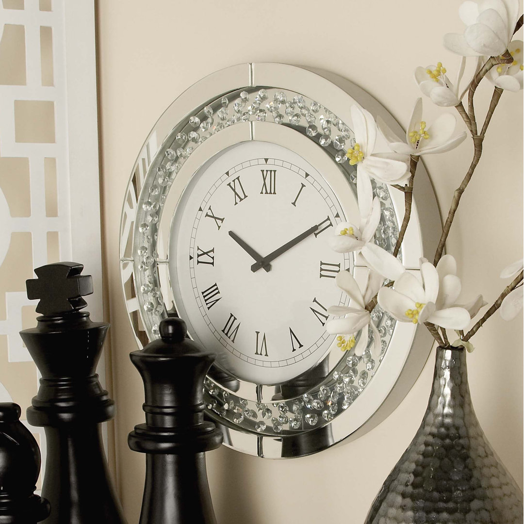 Ansonia Glass Mirrored Decorative White Wall Clock with Floating Crystals Rosdorf Park
