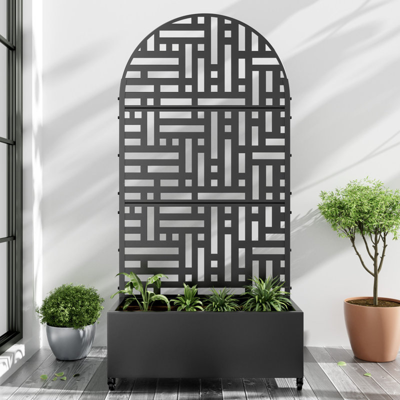 Arch Metal Planter Box with Trellis with Wheels, 72" H x 35" W x 16" D