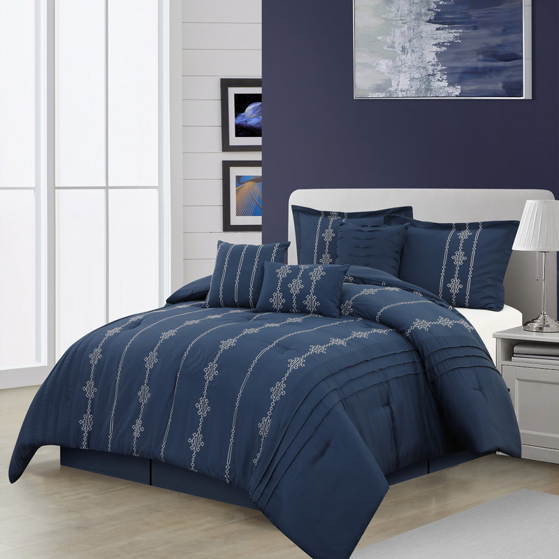 Navy and White Microfiber Queen Comforter Set with Decorative Pillows