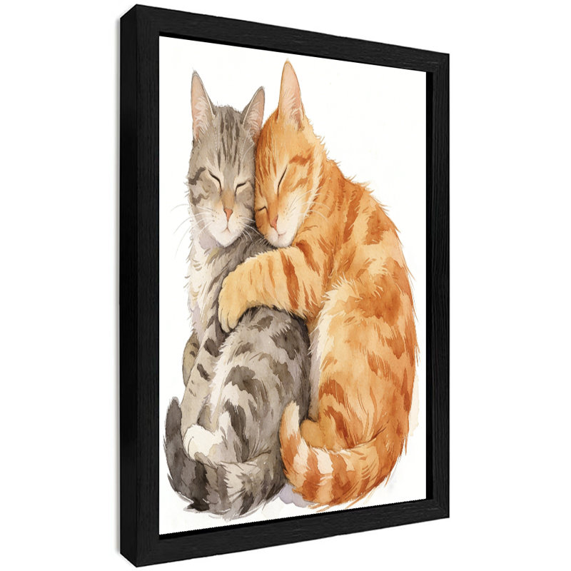 Reproduction d'art encadrée noire de chats rétro se blottissant ensemble, H 37 po x l 25 po