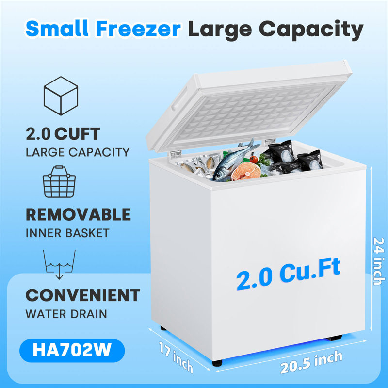 BacklD 2.0 Cubic Feet Chest Freezer with Removable Basket, Free Standing Top Open Door Compact Freezer with Adjustable Temperature for Home/Kitchen/Office/Bar, White