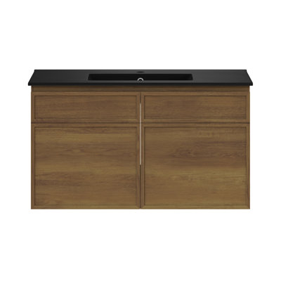 St. Tropez 36" Wall-Mounted Bathroom Vanity In Brown Oak With Black Sink Top
