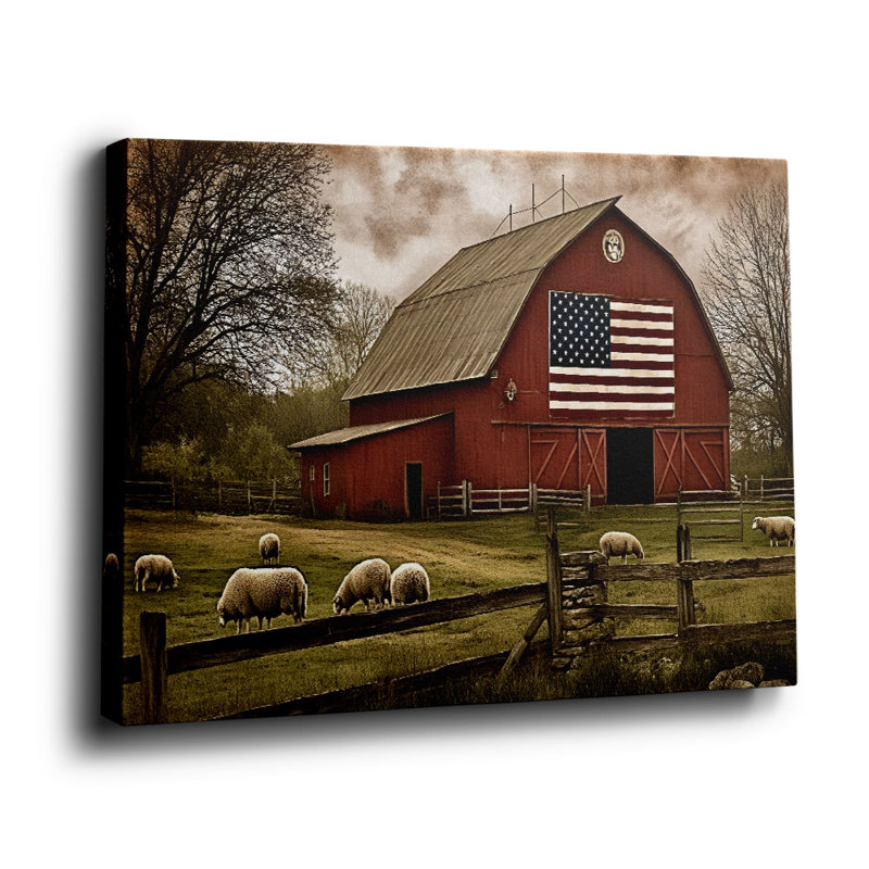 Cadre étirée patriotique pour grange rouge et mouton (ton de ferme Americana), 16 * 12 pouces (40 * 30 * 2cm)