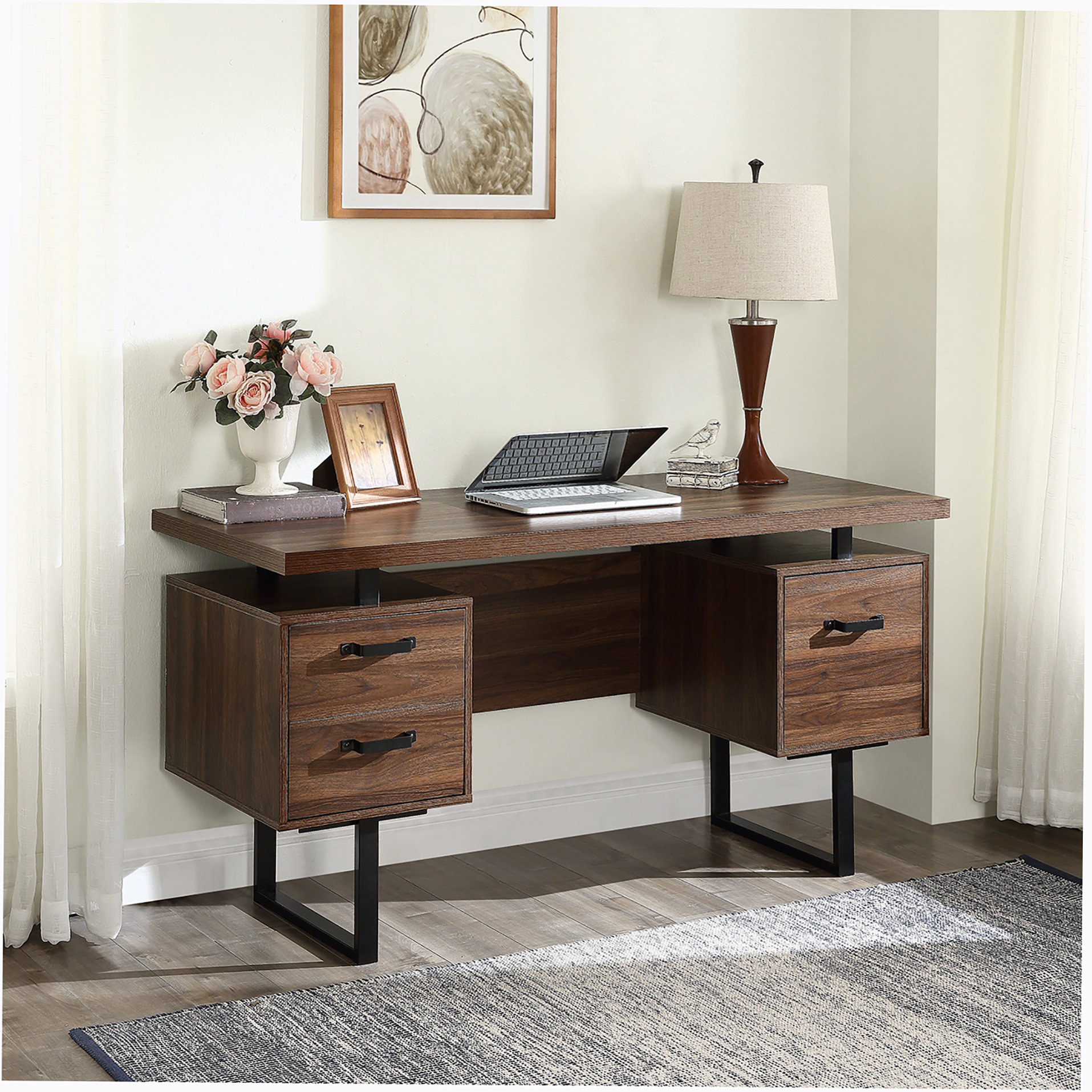 Debanhy Writing Desk Modern Office Desk with 4 Drawers 17 Stories Color (Top): Walnut