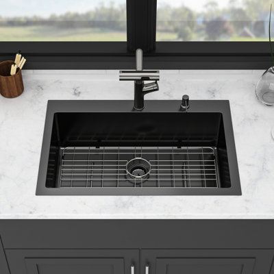 Évier de cuisine 30 po x 22 po à cuve simple en acier inoxydable noir de 10 po avec mode robinet double et distributeur de savon en mode aéré, revêtement Nano, guide d'installation