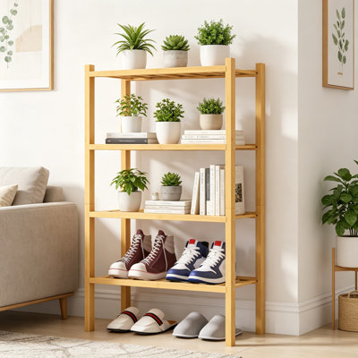4 Tier Bamboo Shoe Rack, Free Standing Wooden Shoe Organizer for Closet, Entryway, Stackable Storage Shelf with 12 Vertical Slats, Durable and Moistur