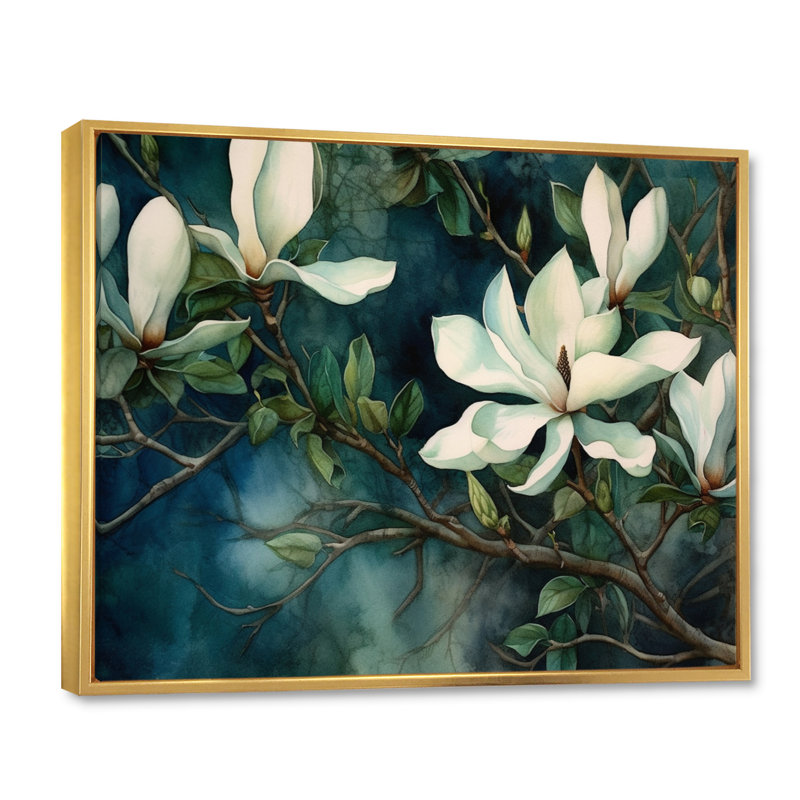 Magnolias vert et blanc - art mural floral pour le salon, H 30 po x l 40 po x P 1,5 po, Cadre flottant doré