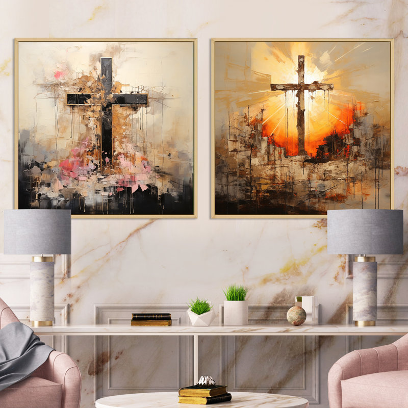 Minimalisme floral, croix religieuse - ensemble de 2 collages carrés, H 16 po x l 33 po, Cadre flottant brun