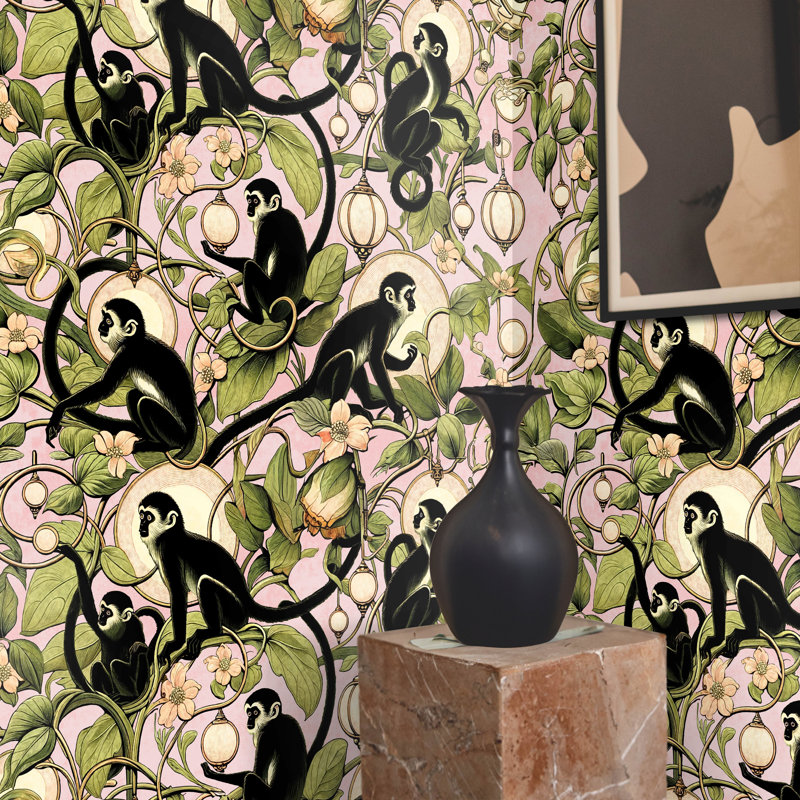 Whimsical Jungle Monkey Wallpaper in Pink, Green/Pink