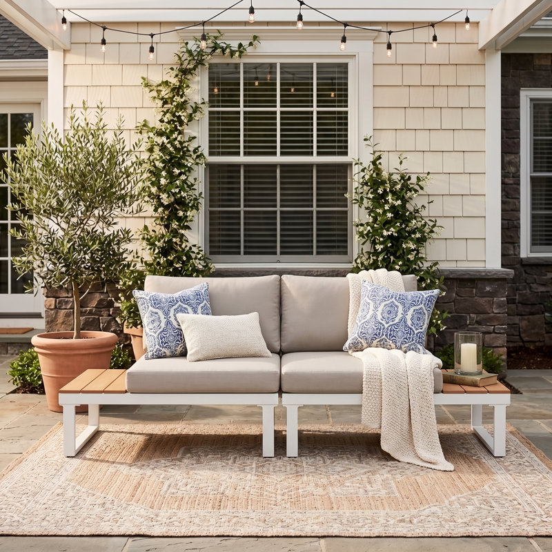 Antjelina 2 - Person Outdoor Loveseat with Cushions & Side Table, White/Wood, Light Gray