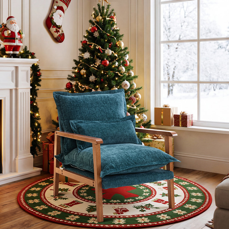 Chenille Accent Chair Armchair With Pillow, Teal, Walnut