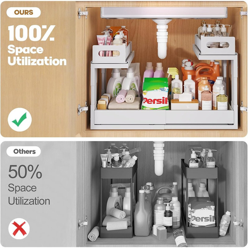 Expandable 2-Tier Under Sink Organizer, Height-Adjustable Metal Pull-Out Cabinet Rack with Ball-Bearing Sliding Tracks, Retractable Storage Drawer for Kitchen, Bathroom & Laundry