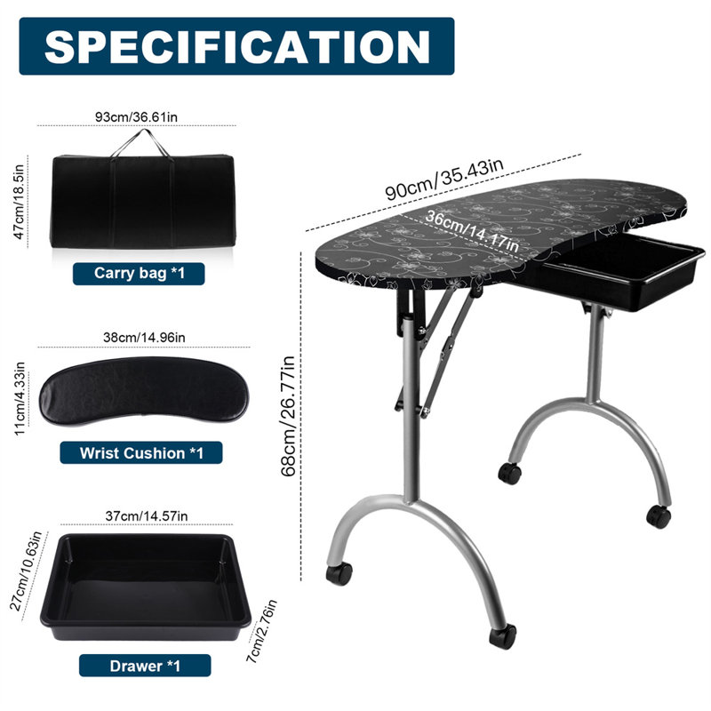 Table de manucure portable avec roulettes et tiroir