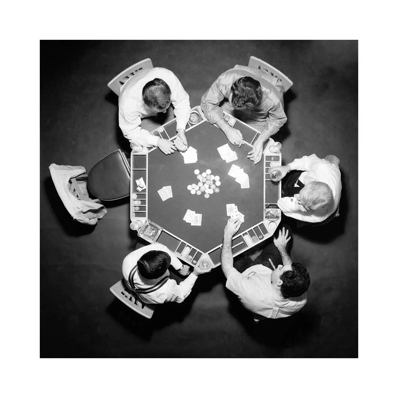 1950S High Angle Overhead View Of Five Anonymous Men Playing Poker - Wrapped Canvas Print, 30.48 cm H x 30.48 cm W