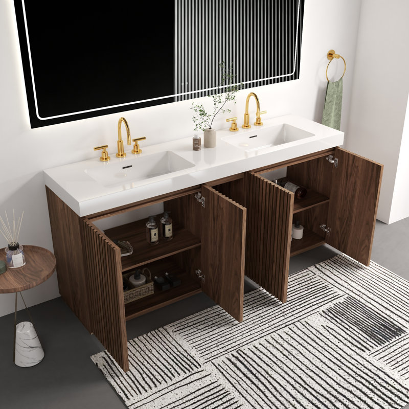 Ensemble de meuble-lavabo autoportant en noyer Winston GALAN 72F, Noyer brun, 71", Blanc