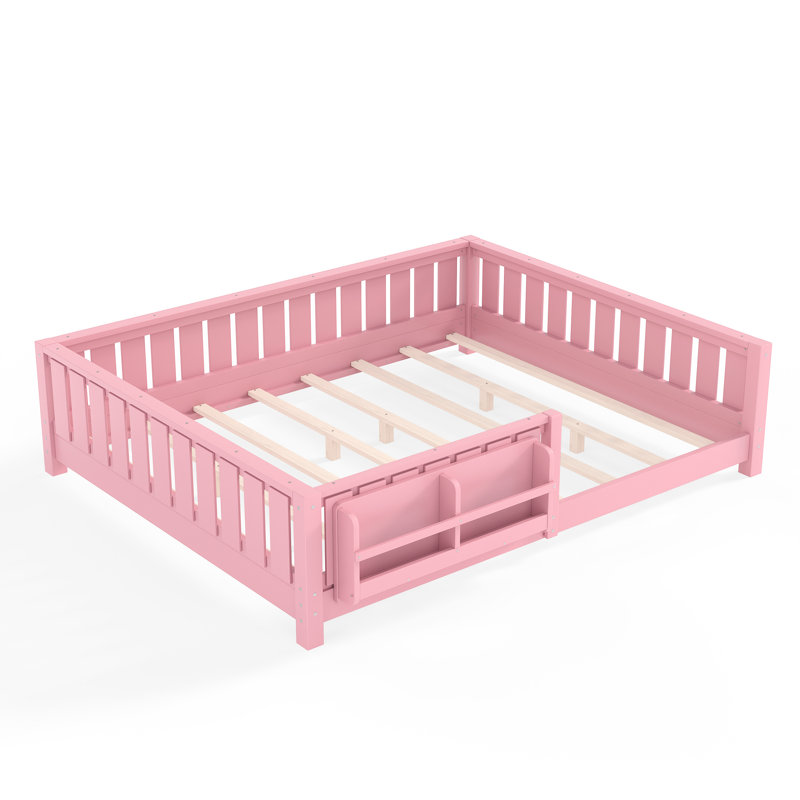 Lit pour grand lit simple pour enfants avec bibliothèque intégrée et garde-corps de sécurité, cadre de lit Montessori en bois de pin massif, rose