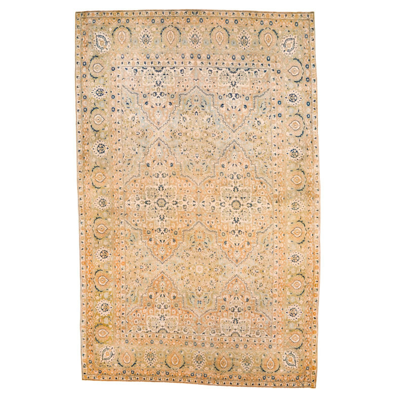 Tapis beige / bleu unique de 9 pi 11 po x 15 pi 6 po des années 1990