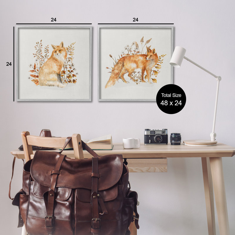  «Fluffy Fox Autumn Leaves», ensemble de 2 giclées par Janice Gaynor, H 24 po x l 24 po, Estampe numérique Farmhouse