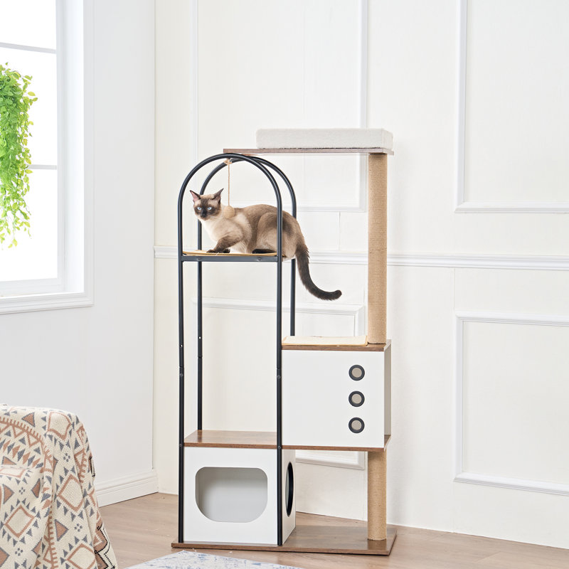 Arbre à chat moderne à plusieurs niveaux avec niche, 2 griffoirs et perchoir pour chats d'intérieur