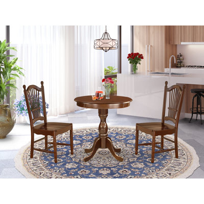 3 Piece Dining Table Set for Small Spaces Contains a Round Dining Room Table with Pedestal and 2 Wood Seat Chairs, Mahogany