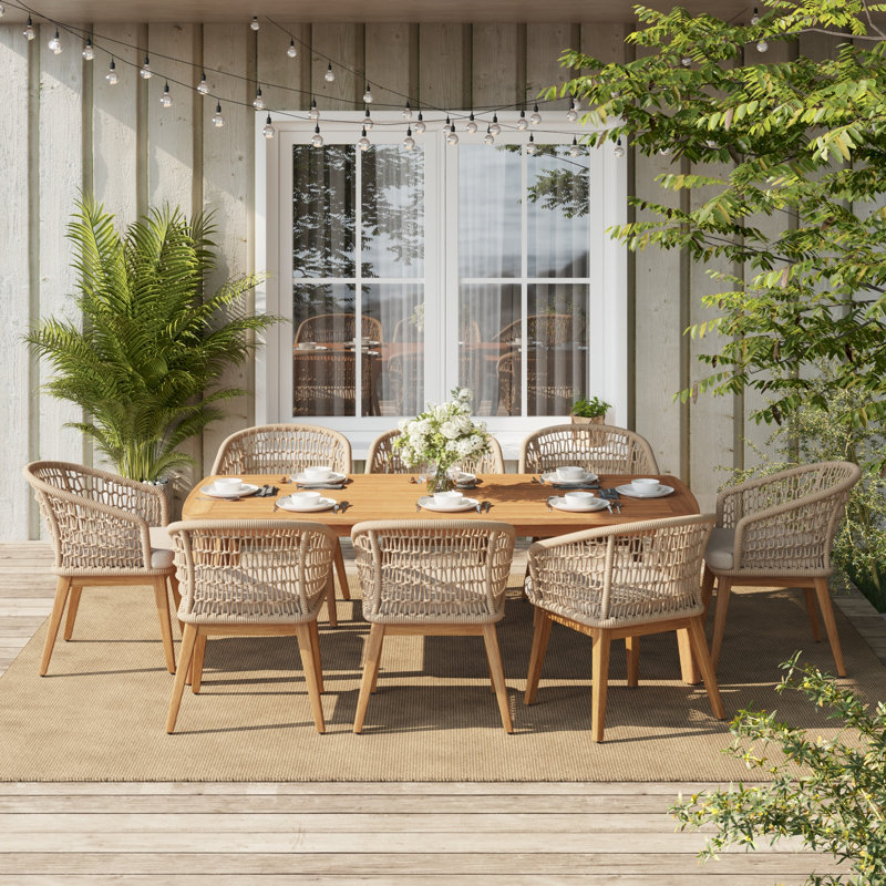 Ensemble repas d'extérieur en bois massif 8 personnes avec coussins, H 30,1 po x l 82,6 po x P 39,3 po, 8