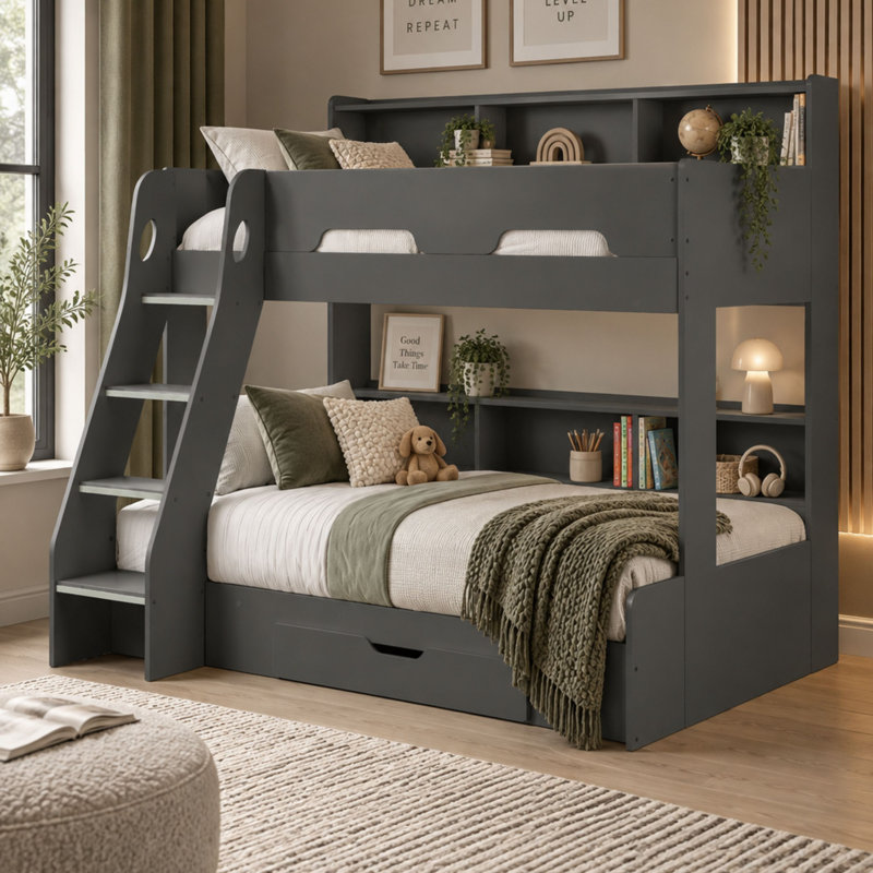 Vedika Bunk Bed with Shelves, Anthracite