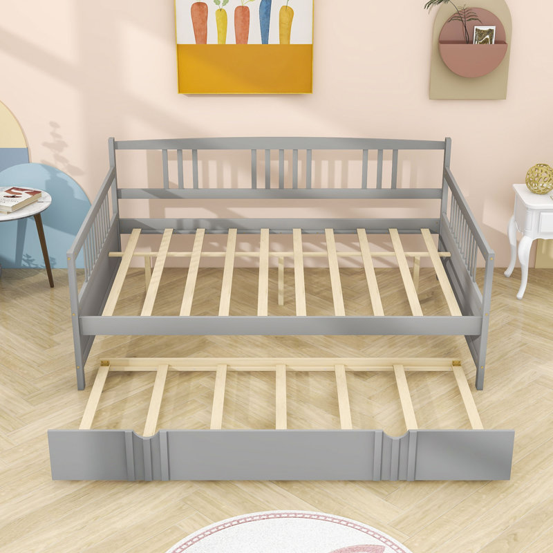 Jaye Wooden Daybed with Twin Size Trundle, Full, Gray