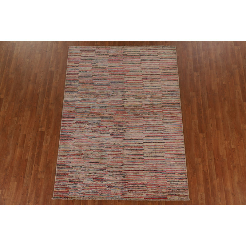 Tapis beige en laine noué à la main de conception unique 5 pi 7 po x 7 pi 8 po New Age
