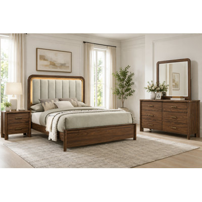 Ensemble de chambre à coucher de style moderne Mid-Century 4 pièces, lit tapissier à DEL (base requise), table de chevet avec port USB, commode et miroir, finition noyer
