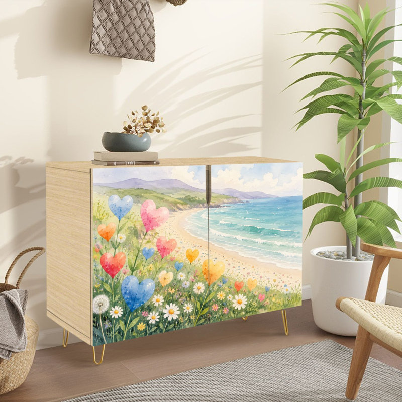Sideboard Buffet Cabinet with Storage Whimsical Coastal Landscape Heart Shaped Flowers Ocean Waves with 2 Doors for Living Room and Kitchen