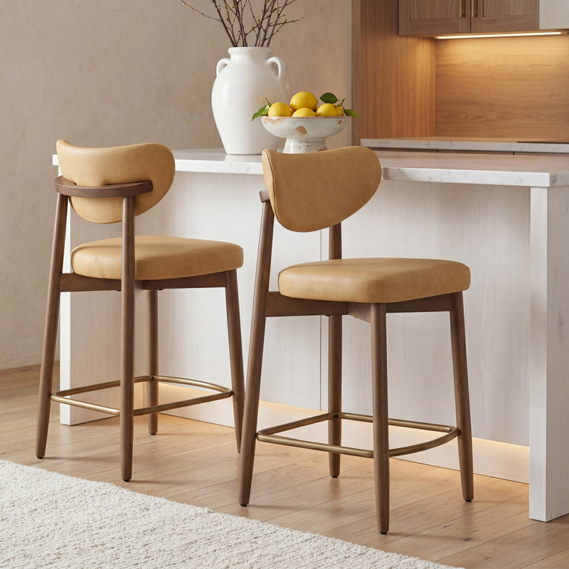 Upholstered Counter Stool Solid Wood Bar Stool (Set Of 2), Brown
