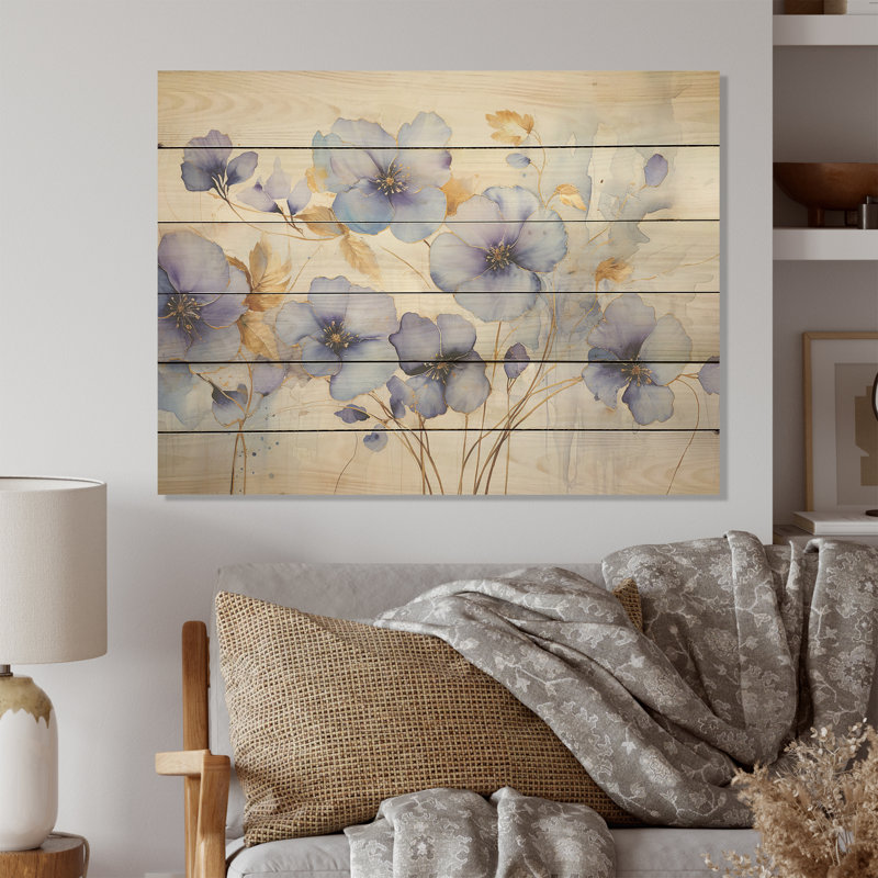 Mauve et or sur fond de bois de pin naturel, H 10 po x l 20 po