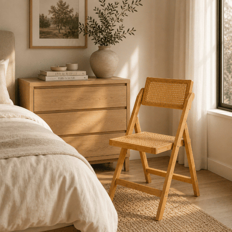 Ensemble de chaises de salle à manger pliantes en bambou et en rotin de style Mid-Century, Sable